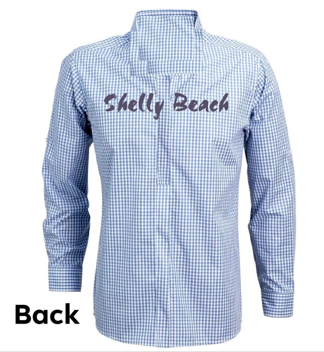 Long Sleeve Collar Shirt 100% Cotton with “Shelly Beach on back”